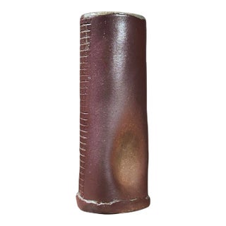 Vintage Japanese Raku Vase With Grid Sgraffito Detail, Signed For Sale