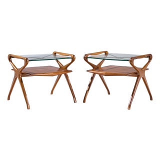 Cesare Lacca Style Mid Century Italian Walnut and Brass Side Tables - Pair For Sale
