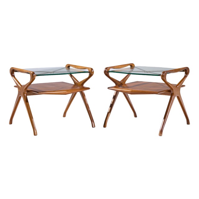 Cesare Lacca Style Mid Century Italian Walnut and Brass Side Tables - Pair For Sale