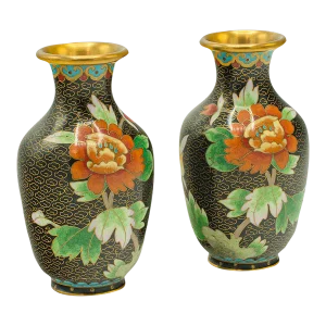 1950s Small Vintage Art Deco Japanese Cloisonne Posy Vases - a Pair