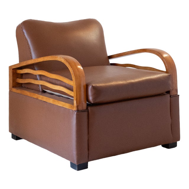 Art Déco Italian Convertible Armchair / Sleeper Chair in Brown Eco-Leather, 1920s. For Sale