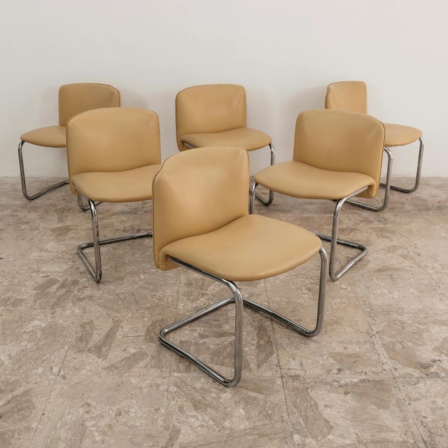 Vintage Cantilever Chairs in Chromed Steel and Faux Leather, 1970s, Set of 6 For Sale - Image 3 of 9
