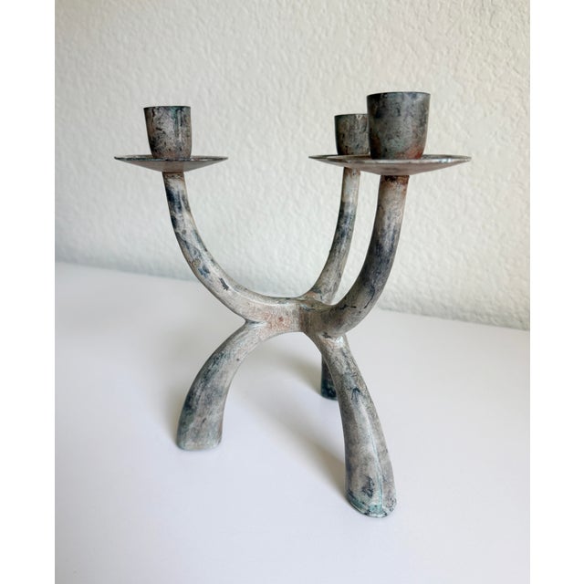 Brutalist Verdigris 3-Arm Candelabra For Sale - Image 10 of 12
