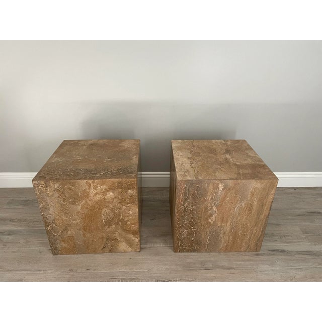 Rare set of 2 Italian travertine end tables. These would be fantastic in a living room or bedroom as nightstands. I also...
