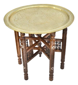 Early 20th Century Moorish-Patterned Brass Tray Table W/ Inlaid Wooden Base