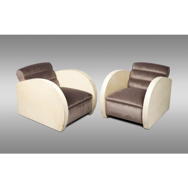 Set of Art Deco Parchment & Velvet Armchairs, 1940s For Sale - Image 9 of 12