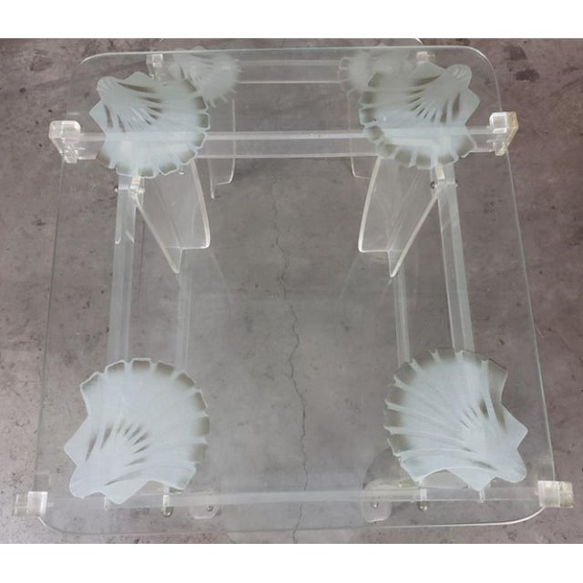 Vintage Hollywood Regency Lucite & Glass Side Table With Frosted Shell Detail For Sale - Image 4 of 10
