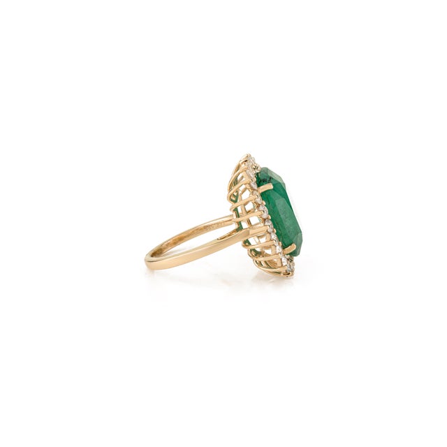 Not Yet Made - Made To Order 9.17 Ct Zambian Emerald Art Deco Cocktail Ring With Halo Diamonds in 14k Solid Gold Size 7 For Sale - Image 5 of 17