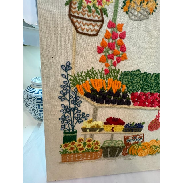Vintage Nancy Meyers Style Crewel Embroidered Farmers Garden Market Still Life Wall Art For Sale - Image 10 of 14