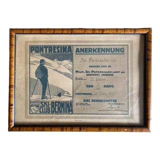 Circa 1917 Framed Ski Patrol Certificate from Pontresina Ski Club Bernina, Framed For Sale