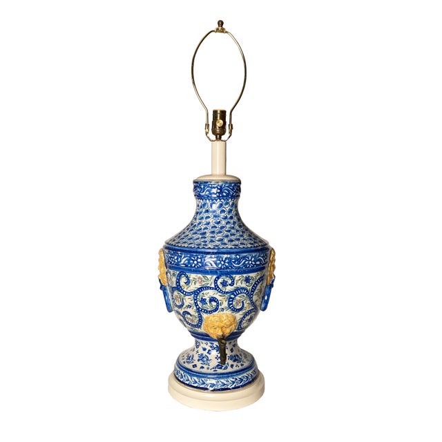 Mid 20th Century Large Antique, Hand-Painted Ceramic Lamp For Sale - Image 5 of 12