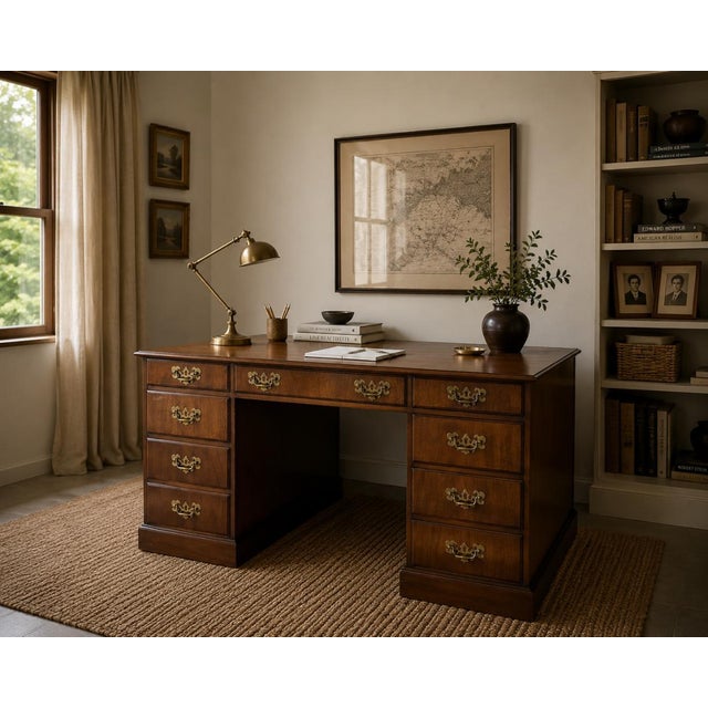 Elegant 1970s vintage Campaign and Chippendale-style partners desk, crafted in mahogany and mahogany veneer with a warm...