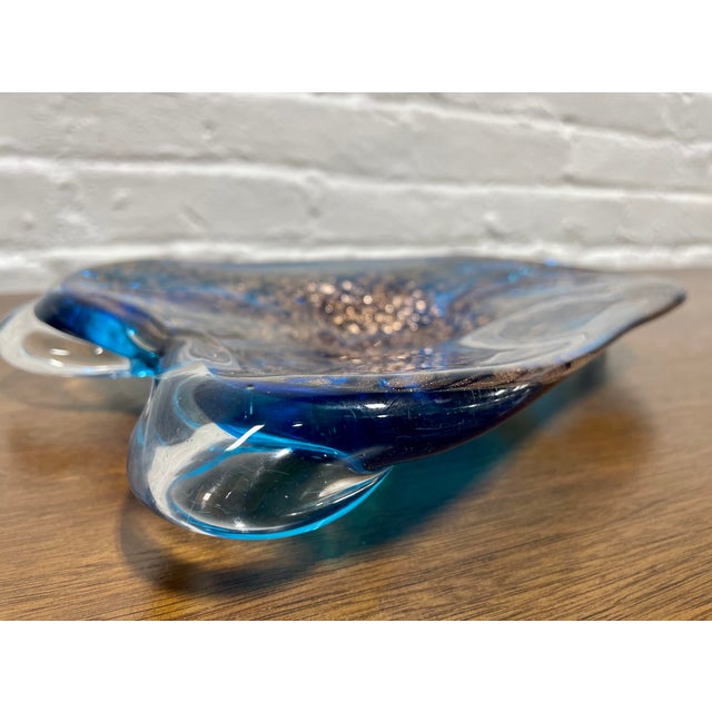 Hand-Blown Blue Art Glass Candy Dish With Copper Inclusions | Sculptural Modern Glass Bowl | Mid Century Modern Decor Accent, C. 1960's For Sale - Image 11 of 11
