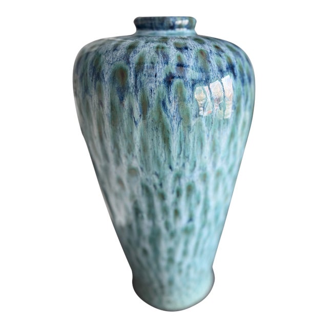 Peacock Feather Coastal Blues & Greens Glazed Pottery Vase For Sale