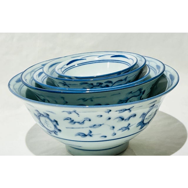 Ceramic Set of Five Vintage Blue and White Nesting Asian Serving Bowls For Sale - Image 7 of 10