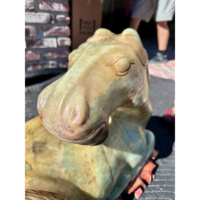 Late 20th Century Late 20th Century Carved Hardstone Reclining Horse Sculptures on Organic Wood Bases - a Pair For Sale - Image 5 of 13