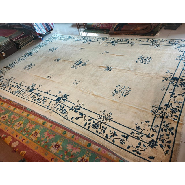 Exceptional Ivory Color With Unique Florid Design Antique Chinese Peking Rug For Sale - Image 10 of 10