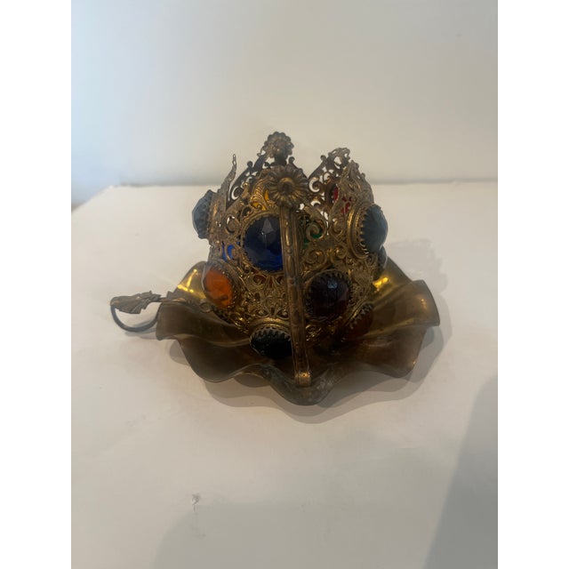 Late 19th Century Antique Pierced Brass Jeweled Fairy Lamp Table Lamp on Ruffled Tray Catalog Reference U-348 For Sale - Image 5 of 11