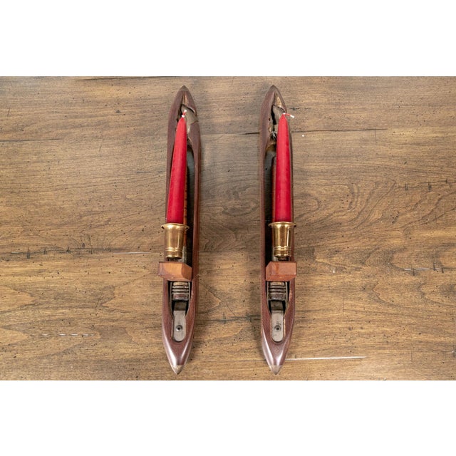 Vintage Wooden Weaving Loom Boat Shuttles Repurposed as Candlesticks—A Pair For Sale - Image 9 of 9