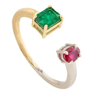 18k Open Two Tone Emerald & Ruby Toi Et Moi Ring Size 5 For Sale