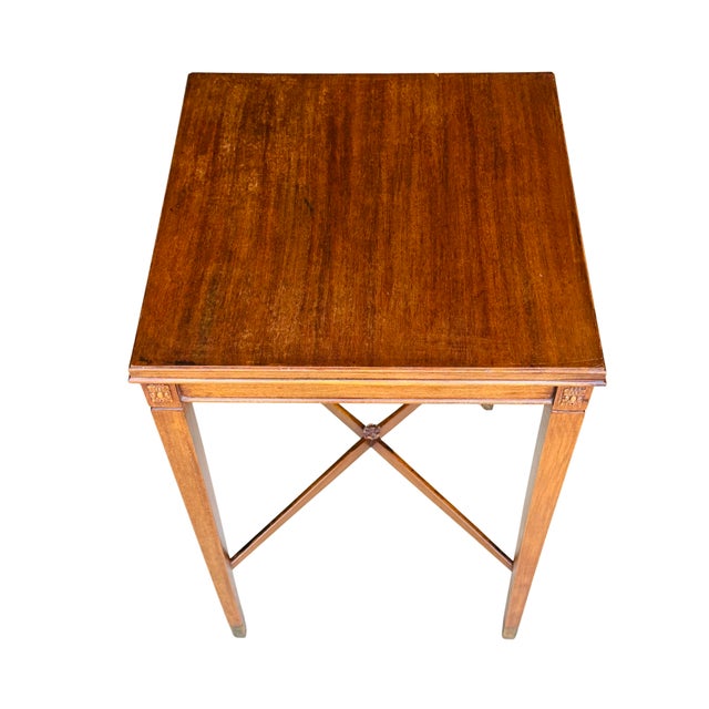 Brown Vintage Neoclassical Mahogany Side Table | Louis XVI Revival Accent Table | Carved Rosettes & Fluted Legs | Circa 1930s–1950s For Sale - Image 8 of 13