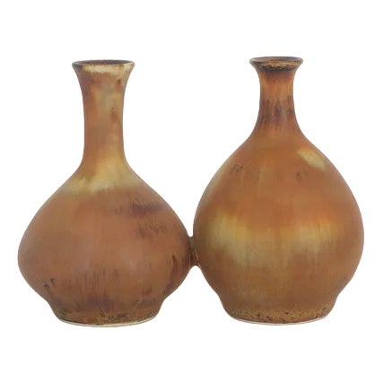 Small Mid-Century Scandinavian Modern Collectible Double Brown Stoneware Vases by Gunnar Borg for Höganäs Keramik, 1960s, Set of 2 For Sale
