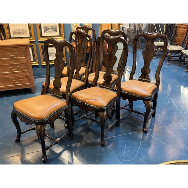 The product is a set of 6 19th century Queen Anne chinoiserie dining chairs. These chairs are a lovely set, perfect for...