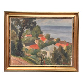 Bernhard Önstad, Coastal Village, 1960s, Oil on Panel, Framed For Sale