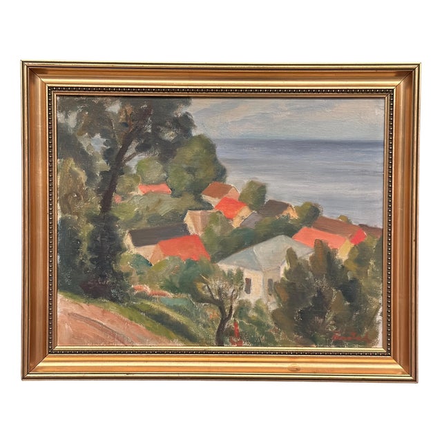 Bernhard Önstad, Coastal Village, 1960s, Oil on Panel, Framed For Sale