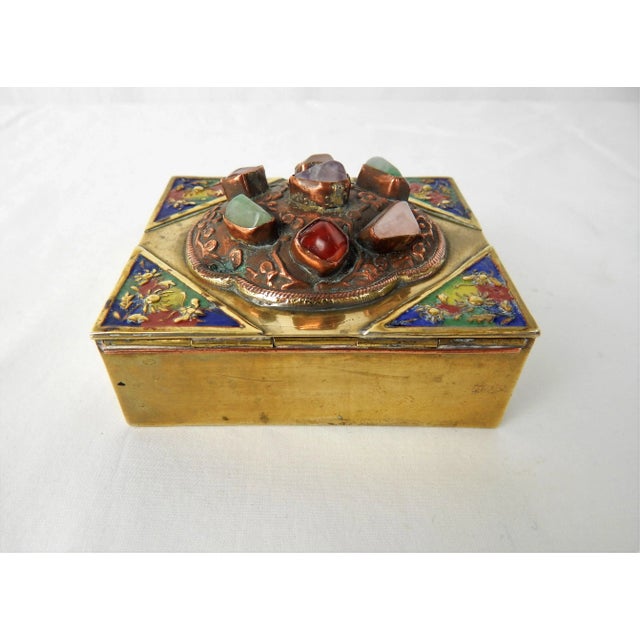 Antique Chinese Brass Box With Semi-Precious Stones For Sale - Image 9 of 12
