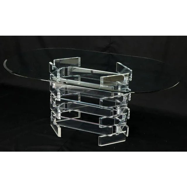 Racetrack Oval Glass Top Stacked Lucite Blocks Base Dining Table For Sale - Image 13 of 13