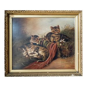 19th Century Naive Americana Folk Art Painting of Cats or Kittens