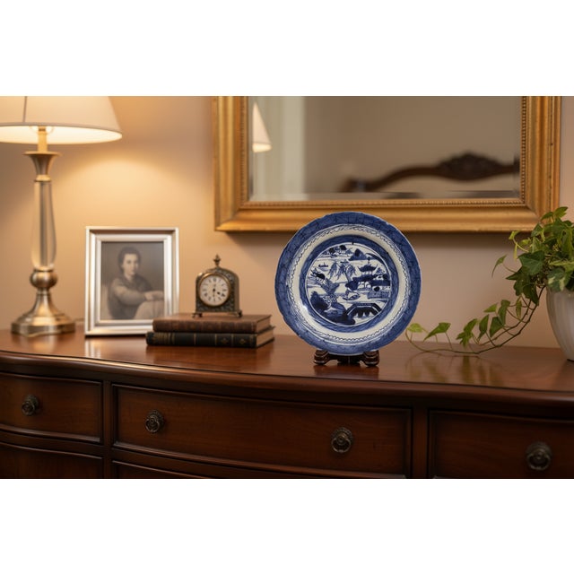 Antique 19th Century Chinese Canton Export Blue & White Porcelain Plate & Stand For Sale - Image 10 of 10