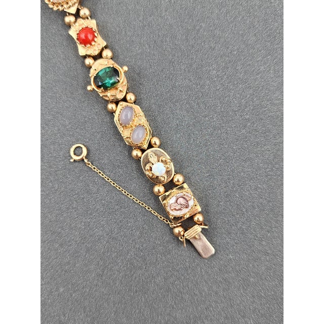 1950s 14k Yellow Gold Slide Charm Omega Gemstone Bracelet Watch For Sale - Image 13 of 16