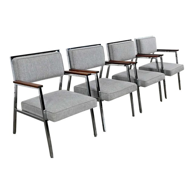 Mid-Century Modern Industrial Style Chrome & Gray Armchairs by Steelcase Set of 4 For Sale
