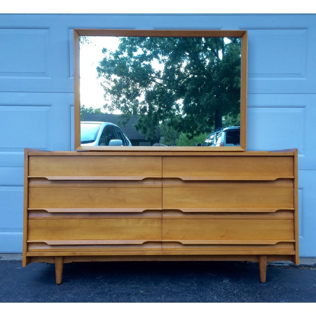 Crawford MidCentury Maple Lowboy Dresser & Mirror Chairish