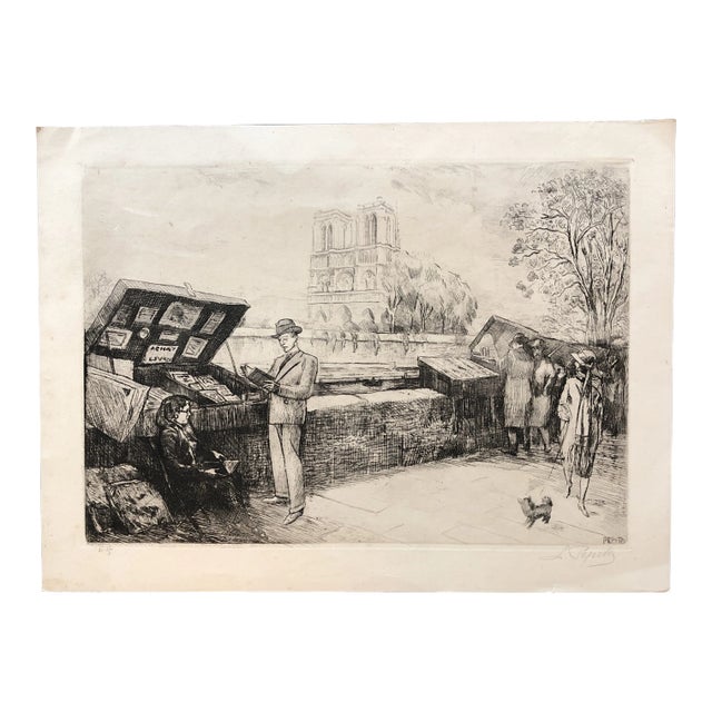 Vintage Original Etching Paris Notre Dame Market Scene by Pepito For Sale