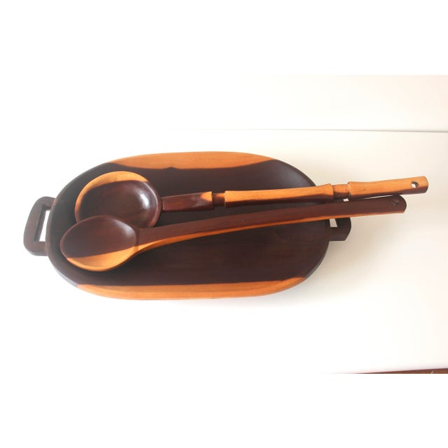 1970s Carved Exotic Wood Serving Dish With 2 Spoons Salad Bowl For Sale - Image 11 of 11