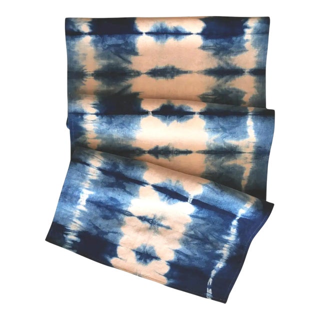 Rousseau Rose Pink & Indigo Blue Abstract Pattern Hand Dyed Linen Table Runner For Sale