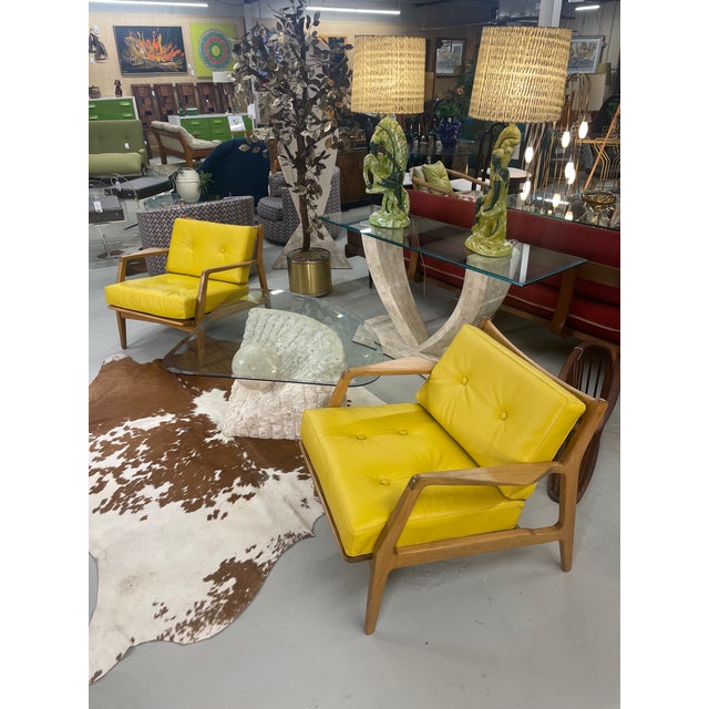 Yellow Leather Lawrence Peabody for Selig Danish Modern Danish Lounge Chairs For Sale - Image 10 of 17