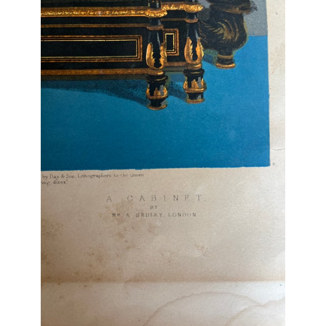English Antique Victorian Chromolithograph "A Music Chair & a Cabinet" by A. Joubert and A. Sedley, London, C. 1865 For Sale - Image 3 of 9