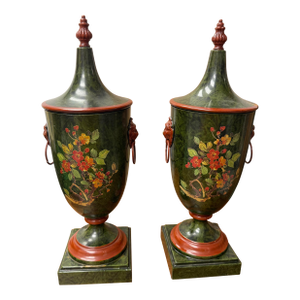 Pair of Early 20th Century Italian Regency Tole-Peinte Chestnut Urns
