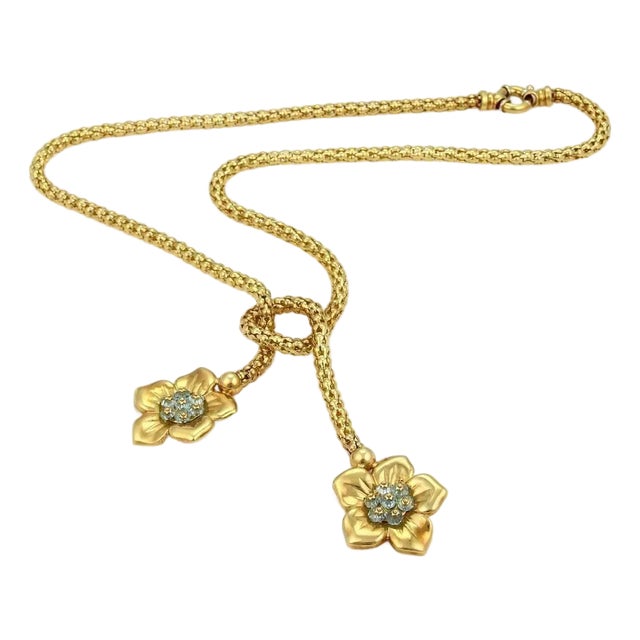 Aquamarine Beads 18k Yellow Gold Fancy Flex Tube 2 Floral Tassel Necklace For Sale