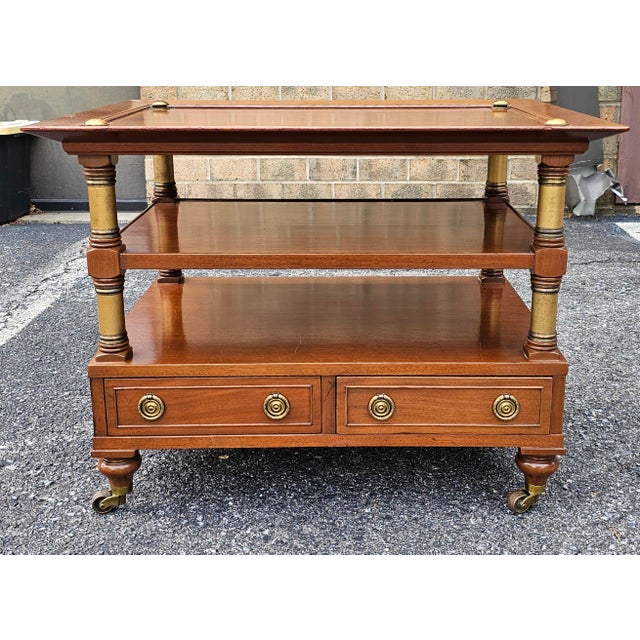 Mid-Century Modern Classical Style Mahogany and Brass Fitted Wheeled Side Table For Sale - Image 3 of 15