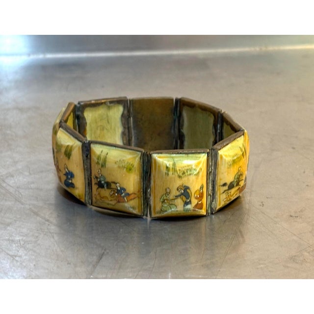 Early 20th-Century Silver & Bone Hand-Painted Persian Storyteller Bracelet For Sale - Image 4 of 6