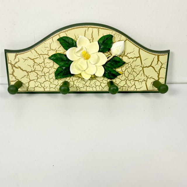 Boho Chic 1980s Vintage Coastal Boho Chic Hand-Painted Magnolia Wall Mounted Hook - 4 Pegs For Sale - Image 3 of 8