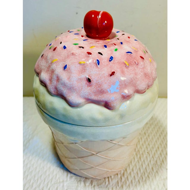 Ceramic Vanilla Ice Cream Cone Cookie Jar With a Cherry on Top For Sale - Image 7 of 7