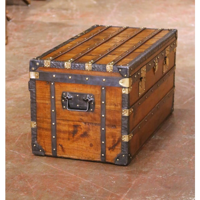 19th Century French Parisian Travel Trunk With Brass Hardware and Wood Slat Top For Sale - Image 4 of 13