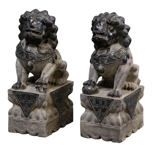 Carved Black Granite Chinese Foo Dog Boundary Markers a Pair Chairish