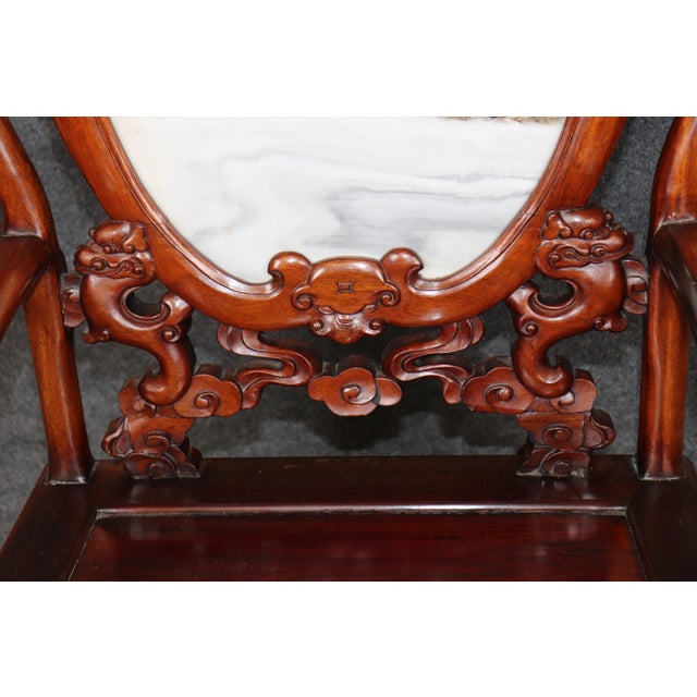 Wood Pair Vintage Chinese Carved Mahogany and Marble Back Arm Chairs For Sale - Image 7 of 16